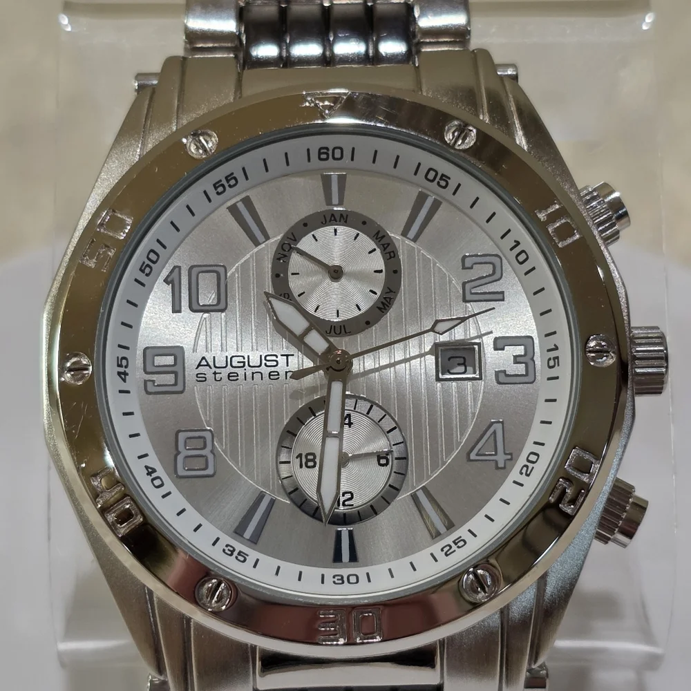 August Steiner Men's AS8070SS Swiss Quartz Month Date Silvertone Wrist Watch